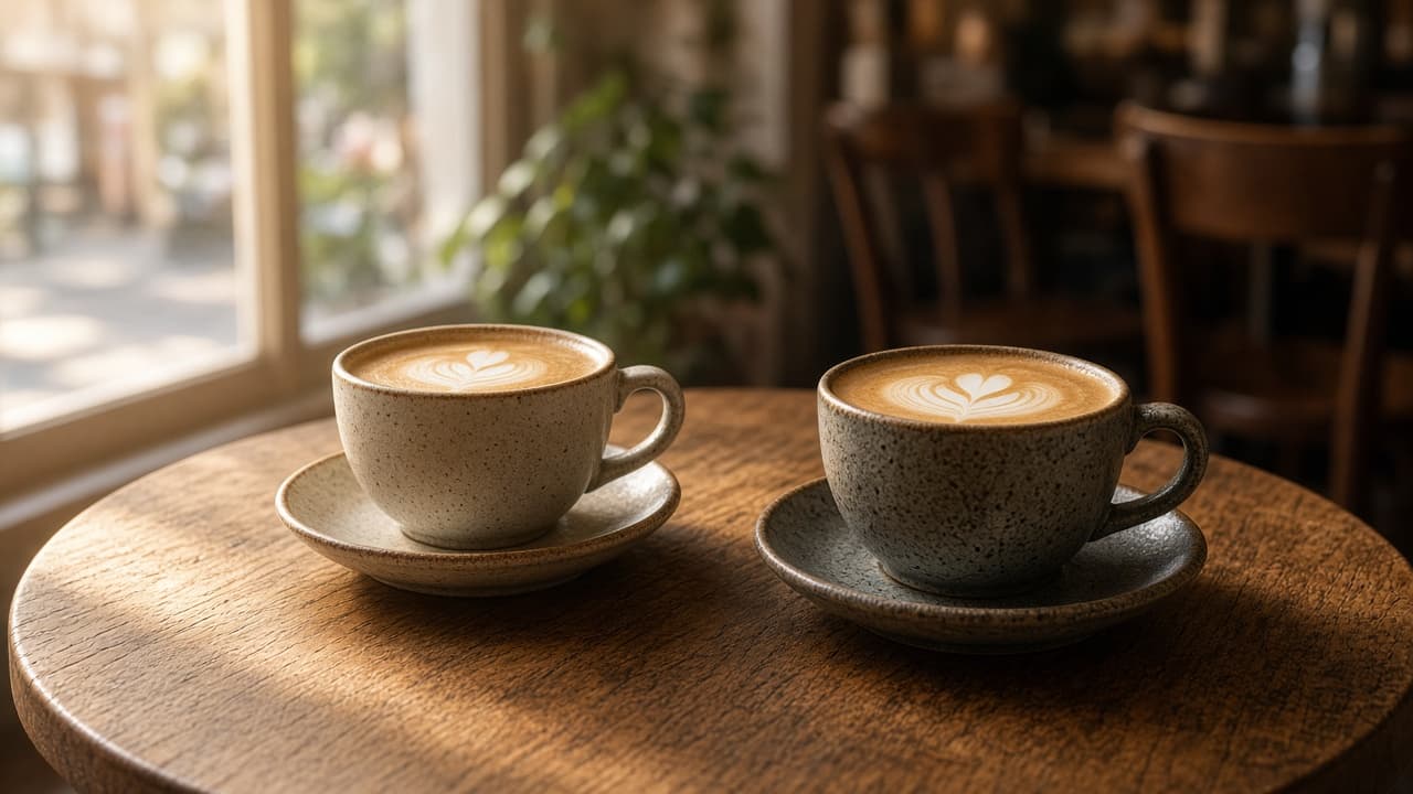 Two coffee cups on a café table