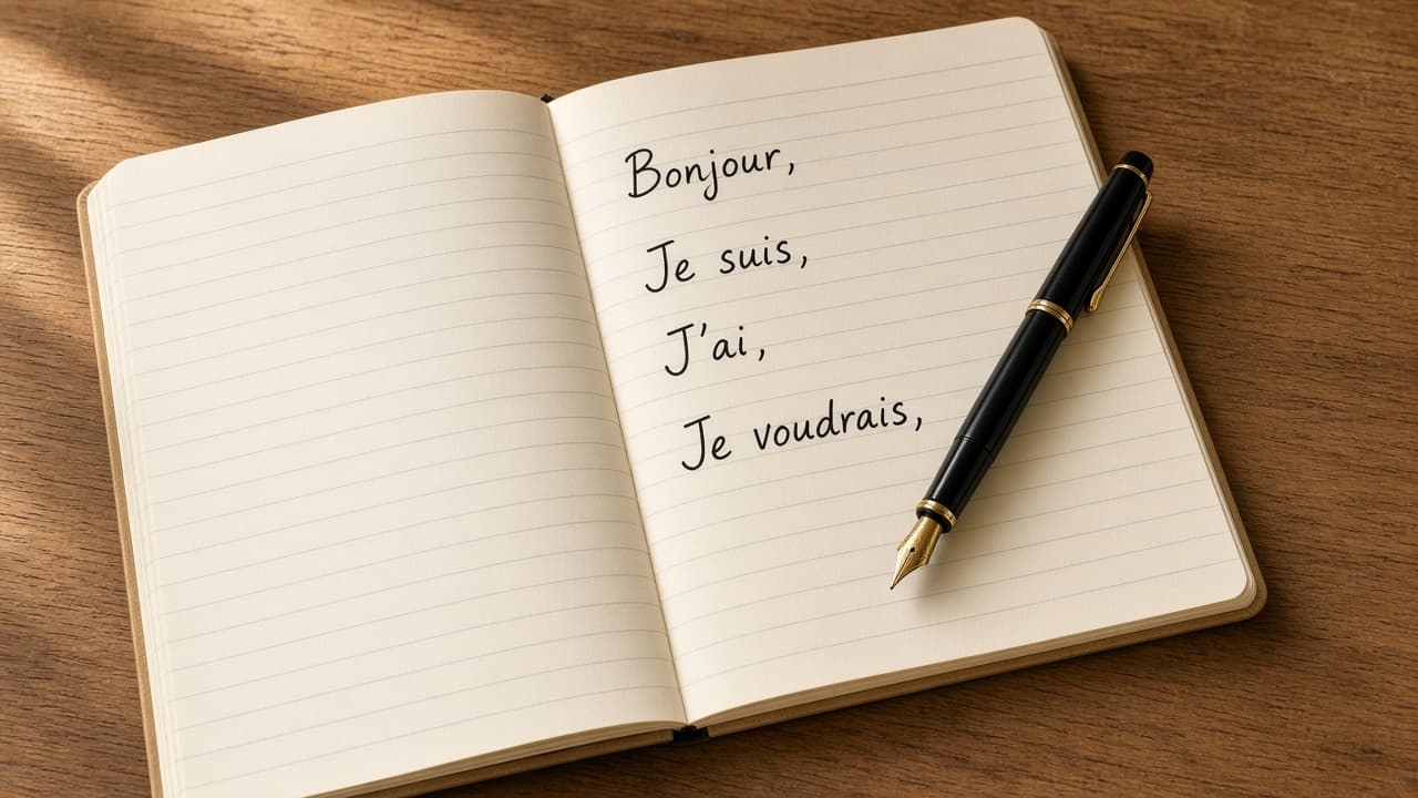 Notebook with handwritten French phrases